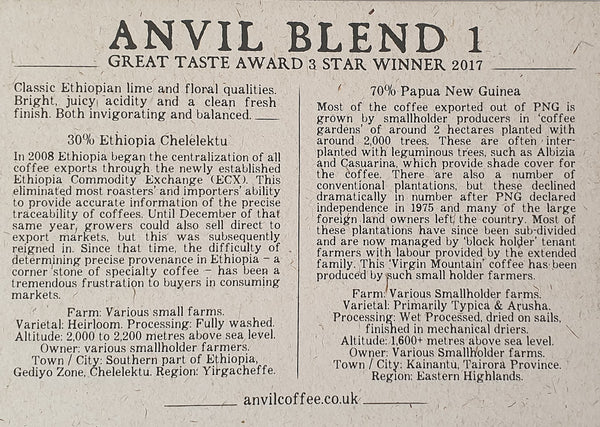 ANVIL Blend 1 - 3 Star Great Taste Award Winning Coffee Beans - Info Card Back